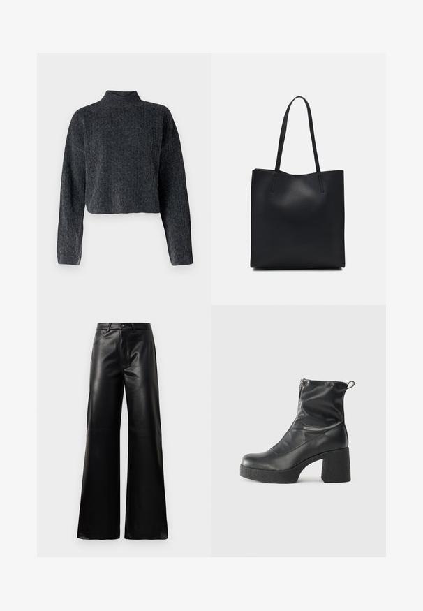 Beskuren, mörkgrå tröja med hög krage och långa ärmar. Tillverkad av texturerad stickad tyg med subtila mönster genom hela.; Svarta högmidjade vida byxor i konstläder med framknapp, dragkedjestängning, bältesöglor och sidofickor på vit bakgrund.; Svarta ankelstövlar i slitstark läder, med sidodragkedja, kraftig strukturerad klack och rundad tådesign.; Svart lädertoffelväska med slät textur, rektangulär form och två långa handtag. Ingen synlig hårdvara eller dekorationer.