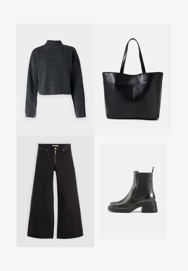 Rövidített, sötétszürke pulóver magas nyakkal és hosszú ujjal. Texturált kötött anyagból készült, finom mintázattal az egész felületen.; Fekete denim széles szárú farmer, cipzáros elejével, öt zsebes kialakítással és diszkrét varrással. Sima textúra és laza stílus.; Fekete bőr bokacsizmák sima felülettel, rugalmas oldalsó panelekkel és vastag sarkakkal. Jellemzőjük egy húzófül, amely megkönnyíti a felvételt.; Fekete bőr bevásárlótáska két hosszú fogantyúval, sima felülettel és strukturált formával. Elülső zseb található rajta a plusz tárolás érdekében.