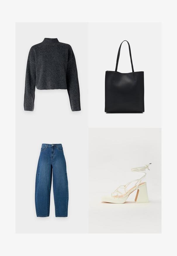 Cropped, dark grey sweater with a high neckline and long sleeves. Made of textured knitted fabric with subtle patterning throughout.; Denim jeans in a medium blue wash, featuring a high waist, wide leg cut, and standard five-pocket design with visible stitching details.; White high-heeled sandal with a chunky heel, featuring a strappy design and ankle tie. Smooth texture with a platform front for added height.; Black leather tote bag with smooth texture, rectangular shape, and two long handles. No visible hardware or embellishments.