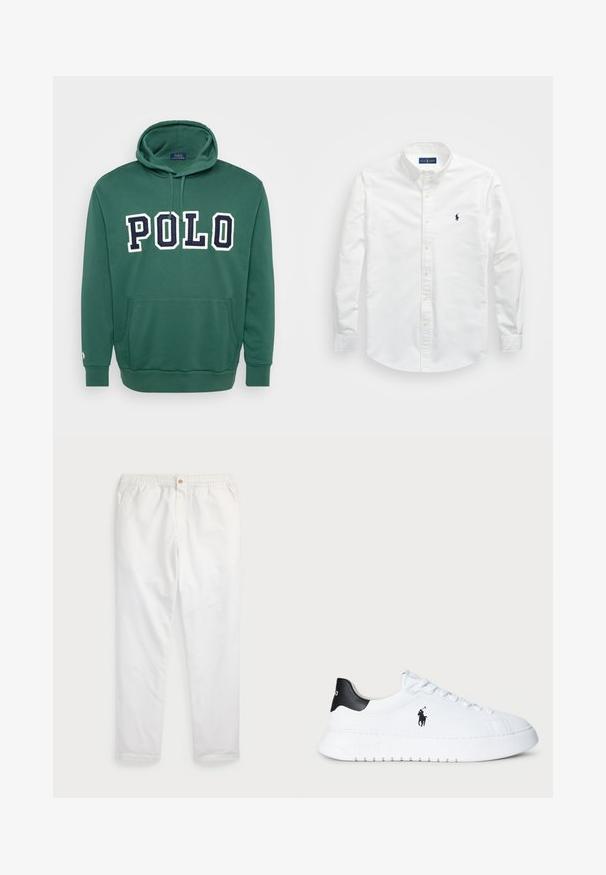 Grønn hettegenser laget av bomullsblanding, med en frontlomme, ribbestrikkede mansjetter og nederkant, med "POLO"-logo i hvitt og marineblått.; Hvit skjorte med knapper laget av bomull. Har spiss krage, lange ermer og en liten marineblå logo på brystet. Glatt tekstur.; Hvite bomullsbukser med elastisk midje og én gullknapp, rett bendesign, glatt tekstur og uten synlige mønstre.; Hvit lavt beskåret sneaker med svart hælflik og svart Polo Ralph Lauren-logo på siden, med hvite lisser og tykk gummisåle.