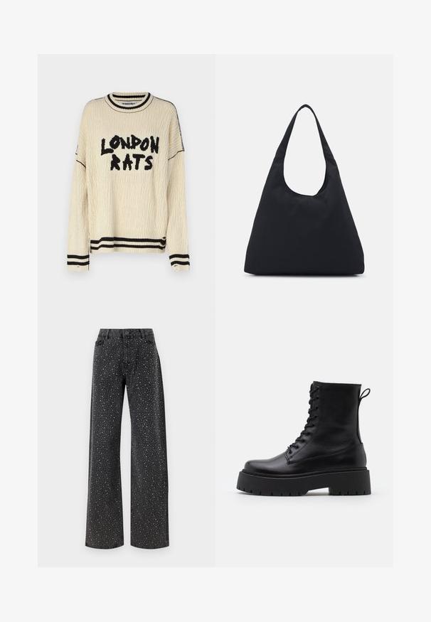 The Ragged Priest LONDON RATS - Vesta - ecru/black; Noisy May NMJANNEL LOOSE - Traperice opuštenog kroja - black denim; Crne kožne gležnjače s okruglim vrhom, vezanjem sprijeda i debelim gumenim potplatom s teksturiranim uzorkom. Tipa: traka za vuču na stražnjoj strani.; Crna tkanina torba s jednim širokim remenom za rame. Mekan, polustrukturiran oblik i glatka tekstura; minimalistički dizajn, bez vidljivog hardvera.; Srebrne okrugle naušnice s minimalističkim dizajnom. Kružni oblik, glatka tekstura i tanak profil. Lagane s poliranim završetkom.