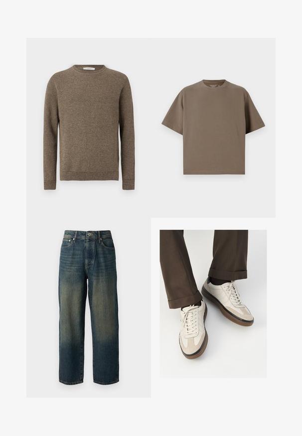 Rjava teksturirana pletena majica z dolgimi rokavi, okroglo izrezana, z rebrastimi manšetami in robom.; Svetlo rjava majica s kratkimi rokavi, narejena iz mehkega materiala, z okroglim izrezom. Ima sproščen kroj in preprosto obrobo.; modri traper hlače s ravnim krojem, ki imajo zbledel videz z svetlejšimi odtenki proti robu, pet žepov in gumbasto zapiranje.; Bež teniske z teksturiranim prednjim delom iz usnja, gladkimi kožnimi stranicami in rjavo gumijasto podplatom. Vključene vezalke in svetla šivana detajla.