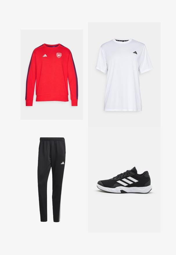 adidas Performance ARSENAL FC DNA SWEAT - Felpa - better scarlet; Maglietta sportiva bianca a maniche corte, realizzata in tessuto traspirante. Presenta un logo nero sul lato sinistro del petto e un collo interno a fantasia.; Pantaloni sportivi neri con una cintura elastica, strisce laterali bianche e un piccolo logo bianco sulla coscia. Realizzati in un materiale liscio e leggero.; Scarpe da ginnastica nere con una tomaia in mesh texturizzata, strisce bianche di accento, suola imbottita e tallone rinforzato per supporto.