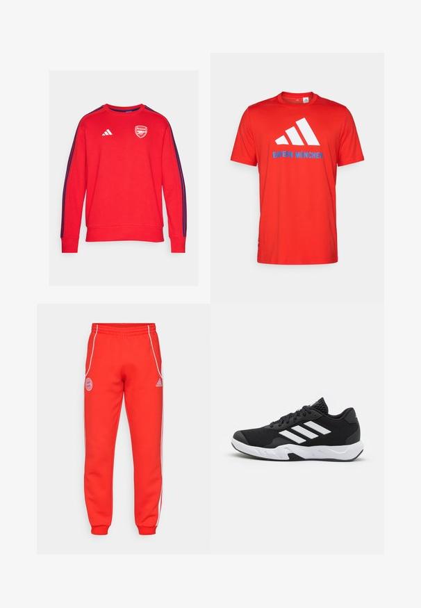 adidas Performance ARSENAL FC DNA SWEAT - Sweatshirt - better scarlet; Rotes Baumwoll-T-Shirt mit einem weißen Drei-Streifen-Logo und "BAYERN MÜNCHEN" in Blau. Rundhalsausschnitt und kurze Ärmel, einfaches Design.; Rote Jogginghose mit elastischem Bund, weißen Seitenstreifen und Logodetails an der Hüfte und am Unterschenkel. Hergestellt aus weichem Stoff mit gerippten Bündchen.; Schwarze Sportschuhe mit einem strukturierten Mesh-Obermaterial, weißen Akzentstreifen, einer gepolsterten Sohle und einer verstärkten Ferse für Unterstützung.