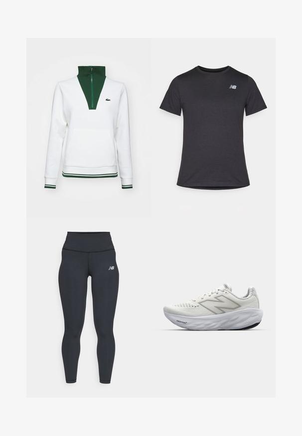 Hvit genser med grønn høy krage og glidelås, med kengurulomme og stripete grønne detaljer på mansjettene og kanten. Lacoste-logo vist.; Svart kortermet t-skjorte laget av myk stoff, med en liten grå New Balance-logo på øvre venstre bryst, klassisk rund hals design.; Sorte treningsbukser med høy midje, med en jevn tekstur og en liten hvit New Balance-logo på låret.; Hvite sportsko med mesh-overdel, utstyrt med polstret krage, teksturert såle og "Fresh Foam"-merket på mellomsålen.