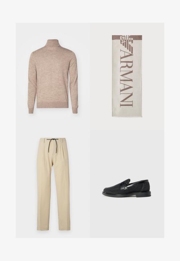 Tiger of Sweden NEVILE - Stickad tröja - beige melange; Beige byxor med rak passform, som har midja med dragsko, plisserad framsida och en slät yta. Enkelt och mångsidigt design.; Svart vävd slip-on sko med en slät läderdetalj på ovansidan, med rund tådesign och en låg gummisula.; Beige halsduk med "ARMANI"-logotyp i brunt. Rektangulär form med mjuk textur och fransade kanter. Minimalistisk design, högkvalitativt material.