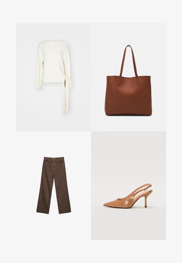 Bela, teksturirana pletena pulover z dolgimi rokavi in detajlom zavezovanja ob strani. Okrogli izrez in sproščen kroj, ki se ponaša z gladkim zaključkom.; Široke rjave kavbojke iz denima, ki imajo visok pas, sprednje žepe in klasično zapiranje na gumb. Gladka tekstura s subtilnim šivom.; Slinčaste pete z ostro konico v gladkem, sijočem bež materialu. Imajo ukrivljen rez in vitko stiletto peto. Podrobnost s srebrno zaponko.; Rjava usnjena torba z gladko teksturo, odprto zasnovo zgoraj in dvema naramnima trakovoma. Opremljena je z minimalnim šivanjem in brez vidnih kovinskih delov.