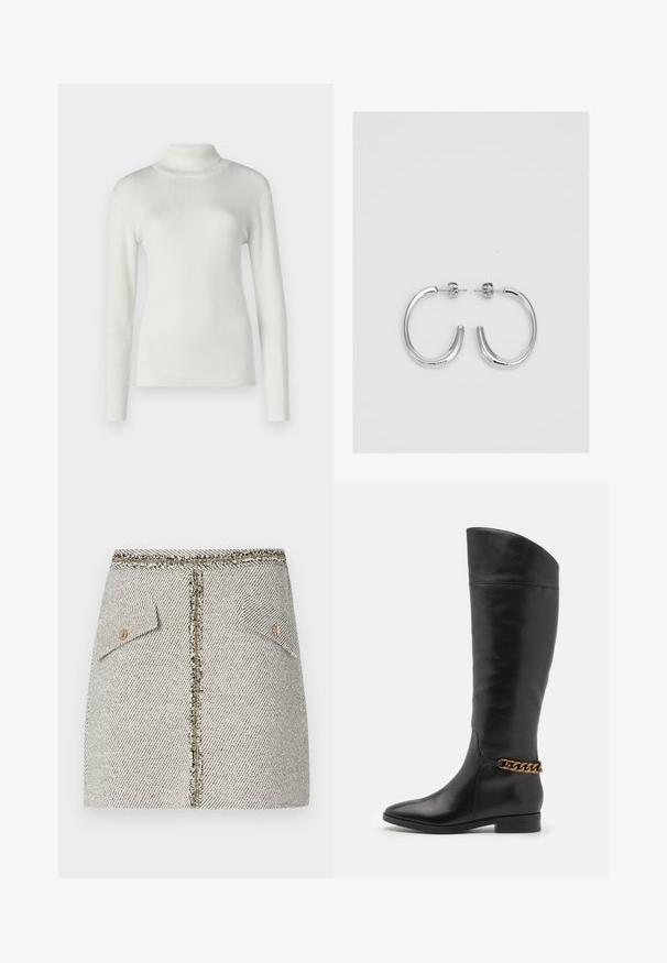 Pulover alb cu guler înalt, cu manșete lungi. Prezintă un design ajustat și o textură fină, potrivit pentru a fi purtat la straturi.; Fustă din tweed țesută, albă cu motive piersici în alb și negru, are două buzunare frontale și un fermoar aurit la spate cu margini desfăcute.; Cizme negre din piele înalte, cu un design elegant, vârf ascuțit și un accent de lanț auriu la gleznă. Toc mic în formă de bloc. Textură netedă.; Cercei rotunzi din argint cu un finisaj neted și strălucitor. Design ușor, având o formă rotundă și închidere cu tijă.