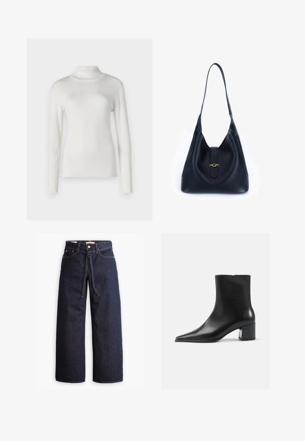 Suéter blanco de cuello alto acanalado con mangas largas. Cuenta con un diseño ajustado y una textura suave, adecuado para superponer.; Jeans de mezclilla oscuros de pierna ancha con cintura alta, que cuentan con un lazo ajustable, cinco bolsillos y detalles de costura en contraste.; Bota negra de cuero hasta el tobillo con punta afilada, textura suave y tacón mediano. Diseño minimalista, cierre con cremallera en la parte posterior.; Bolso de mano de cuero negro con un diseño suave y flexible. Presenta una correa plana y un cierre central adornado con un acento dorado.