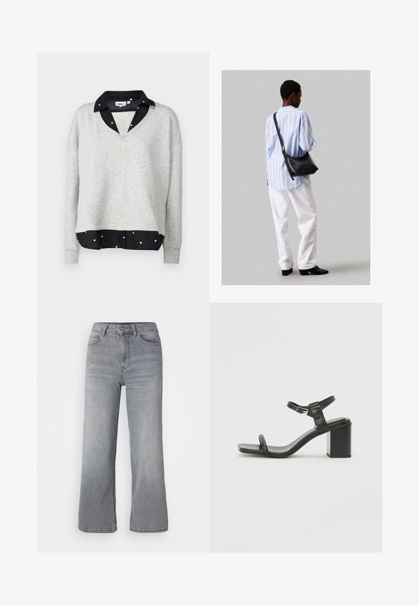 Hall gray sweatpaita V-kaelusega ja pikkade varrukatega, mille all on mustade täppidega särgi serv. Pehme tekstuur, mugav disain.; Heledad hallidest denimist laiad püksid kõrge vöökohaga, viis taskut ning klassikaline lukuga ja nööbiga sulgemine. Pehme tekstuur kerge kulumisega.; Must mustast blokknõgaga sandaalid, millel on lai rihm varvaste kohal ja reguleeritav pahkluurihm, omades stiilset ja minimalistlikku disaini.; Must have mustras alasi nahkpatsi, pehme tekstuuriga, kolmnurkse kujuga ja reguleeritava rihmaga, koos helesinise triibulise särgi ja valgete pükstega.