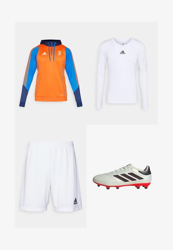 adidas Performance JUVENTUS TURIN TRAINING HOODIE - Squadra - team orange; Maglietta atletica bianca a maniche lunghe realizzata in materiale morbido con logo Adidas nero sul petto; design a V e forma aderente.; Pantaloni sportivi bianchi con vita elastica, realizzati in un tessuto liscio. Presentano un logo Adidas nero sul lato sinistro in basso.; Scarpa da calcio bianca con accenti neri e suola rossa. Presenta tre strisce nere sul lato e una tomaia liscia e testurizzata.