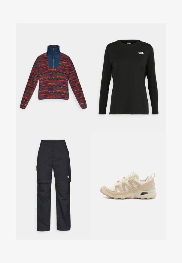 Pulower z geometrycznym wzorem w odcieniach czerwieni, zieleni i żółci na ciemnym tle. Wysoki kołnierz z zielonym zamkiem; miękka tekstura.; Czarna koszulka z długim rękawem z bawełny z okrągłym dekoltem. Posiada niewielkie białe logo po lewej stronie na piersi. Prosty design i fason.; Czarne nylonowe spodnie cargo z odpinanymi nogawkami, regulowanymi mankietami, wieloma kieszeniami oraz logo na prawej nogawce. Gładka, lekka tekstura.; Beżowe i kremowe buty sportowe z teksturowanej siateczki, wspierającymi nakładkami oraz gumową podeszwą z wzorem bieżnika zapewniającym przyczepność.