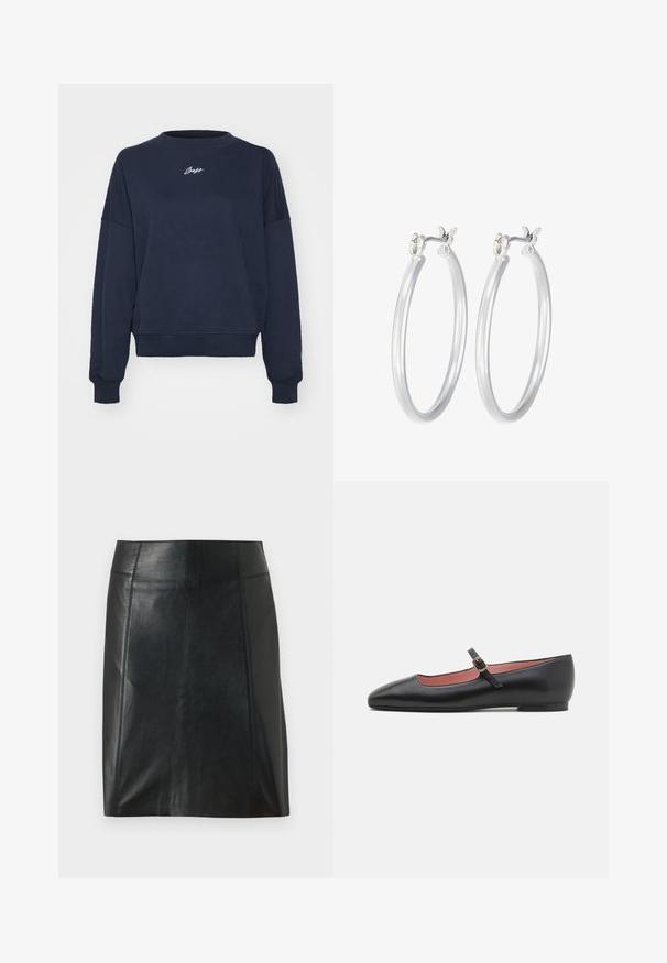 Mörkblå sweatshirt i mjuk bomull, med rund halsringning, sänkt axel och broderad logotyp på bröstet. Avslappnad passform, ribbade muddar.; Svart läderkjol med en figursydd design. Slät textur, sömmar som markerar formen, och en rak fåll. Minimalistisk och elegant look.; Svarta läderskor med platt sula, spetsig tå och ankelrem med ett guldspänne. Slät yta med en något glänsande finish.; Silverfärgade hoopörhängen med en slät, polerad yta. Rund form och säker klickstängning. Lättviktig design som passar för vardagligt bruk.