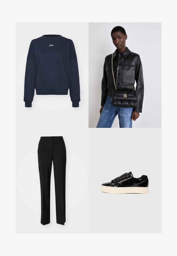 Tumedat sinine sweatshirta, mis on valmistatud pehmest puuvillast, ümarate kaelustega, langenud õlgadega ja tikitud logoga rinnal. Kergelt lõdva lõikega, soonikkoes varrukate äärtega.; Mustad ja sirged püksid, millel on sile tekstuur ja teravad voldid esiosas. Ilma nähtavate detailideta.; Mustad must nahkkingast tossud, millel on lame kreemivärvi tald. Omab musti paelu, kuldseid silmade augusid ja logo detaili külgedel. Ümar varba disain.; Mustmust nahkjakks, millel on nööbiga sulgemine ja kaks esikot, koos musta tikandiga käekotiga, millel on kuldne klamber ja ahelrihm.