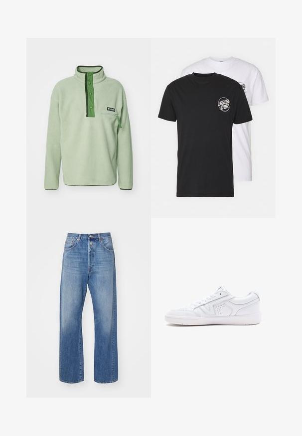 Šviesiai žalia vilnos puloveris su aukštu apykaklė, snapiniais mygtukais ir užtrauktuku užsegama krūtinės kišenė. Akcentuojamas tamsiai žaliais elementais ir tekstūruota medžiaga.; Dviejų marškinėlių komplektas: vieni juodi, kiti balti. Abu turi trumpas rankoves ir apvalų logotipą ant krūtinės kontrastingos spalvos. Pagaminti iš medvilnės.; Šviesiai mėlynos džinsinės kelnės su tiesiomis kojomis, turinčios mygtukų užsegimą, penkias kišenes ir švelnų audinio išblukimą.; Baltos odinės sportinės bateliai su žemu dizainu, apvaliu toe, perforuotais detalėmis ir kalta apačia. Įtrauktos raišteliai ir subtilūs siuvinėjimo akcentai.
