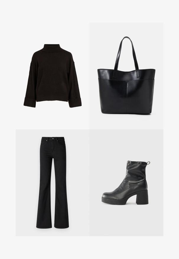 Sweater de gola alta preto com um corte descontraído, apresentando punhos e bainha canelados, feito de um tecido de malha suave. Design simples e limpo.; Jeans pretos de perna larga feitos de denim com cintura alta, apresentando cinco bolsos, botão frontal e fecho de zíper, textura suave.; Botas de tornozelo pretas feitas de couro liso, com fecho lateral, salto grosso texturizado e design de bico arredondado.; Bolsa tote preta em couro com duas alças longas, textura suave e forma estruturada. Apresenta um bolso frontal para armazenamento adicional.