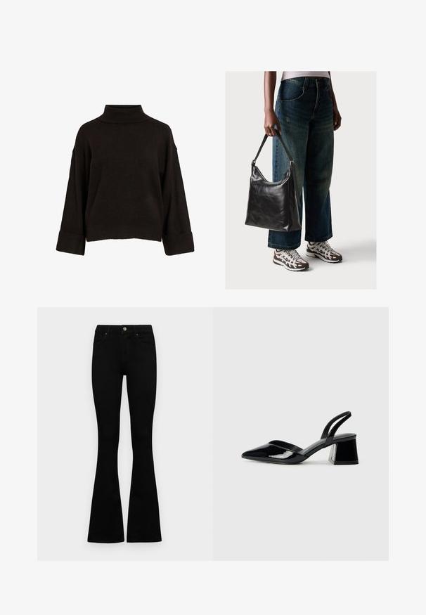 Mustaa poolopaitaa rento istuvuus, jossa on ribbineulekaulukset ja helmavarat. Valmistettu pehmeästä neulekankaasta. Yksinkertainen, siisti muotoilu.; Mustat korkeavyötäröiset farkut nappi- ja vetskariyläosalla, etutaskuilla ja levenevillä lahkeilla, asetettuna tasaisesti valkoista taustaa vasten.; Mustat patentoitu nahkakengät, joissa on säären takaosa ja terävä kärki, sekä geometrinen palikkakorko. Sisältää tyylikkään, minimalistisen muotoilun ja sileän pinnan.; Musta nahkainen olkalaukku, jossa on sileä pinta ja säädettävä hihna, yhdistettynä haalistuneisiin leveälahkeisiin farkkuihin ja urheilukenkien kanssa.