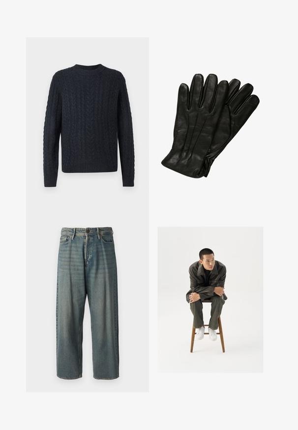 Camisola de malha azul-marinho escura com padrão de trança texturizado, decote redondo e barras acanaladas nas bainhas e punhos. Tecido macio, mangas compridas.; Jeans de ganga azul claro com um corte solto, cintura média e pernas retas. Apresenta cinco bolsos, passadores de cinto e fecho com botão.; Jaqueta de couro castanha com um colarinho largo, combinada com calças jeans verde-escuras e ténis brancos. O modelo está sentado em um banco de madeira.; Luvas de couro preto com uma textura lisa, cinco dedos e detalhes de costura subtis. Design clássico, adequado para uso em clima frio.