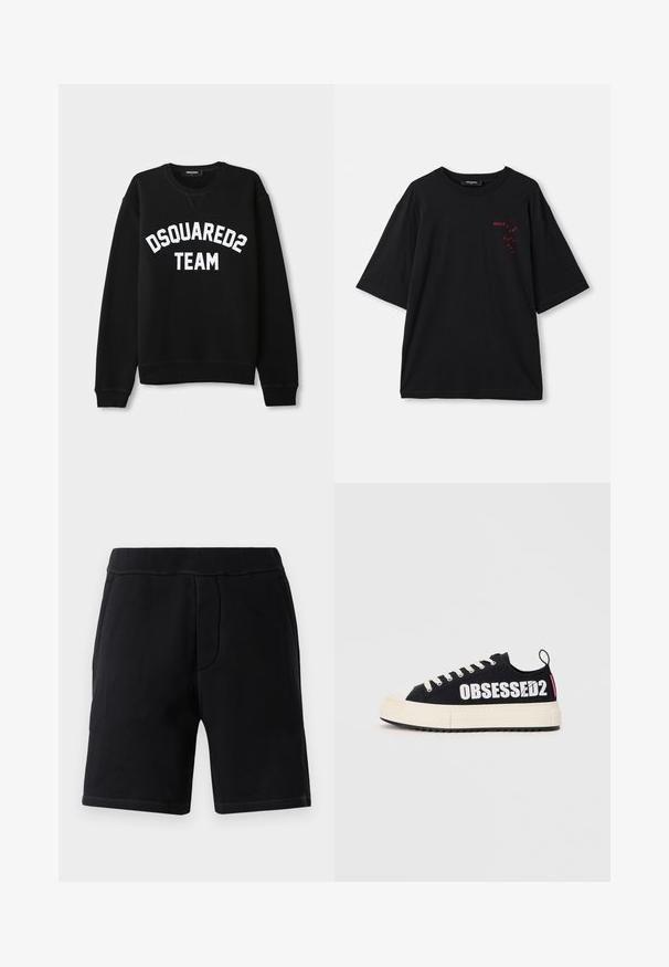 Must have pikkade varrukatega must sweatshird, ümar kaelus ja valgest tekstist "DSQUARED2 TEAM" rinnal. Pehme kangas, soonikkoes käised ja alumine äär.; Mustmust t-särk, must, lühikeste varrukatega, valmistatud puuvillast. Vasakul rinnal on punane graafiline trükk tekstiga "DSQUARED2" ja "COOL GUY".; Mustad mustrid sportlikud lühikesed püksid, valmistatud pehmest materjalist; omaduseks on elastne vöökoht, kaks küljetaskut ja kontrastne õmblus.; Mustad mustad sneakers valge "OBSESSED2" tekstiga, koorevärvi kummist tald, lamedad paelad ja tagumine tõmbeaas. Küljelt vaade.