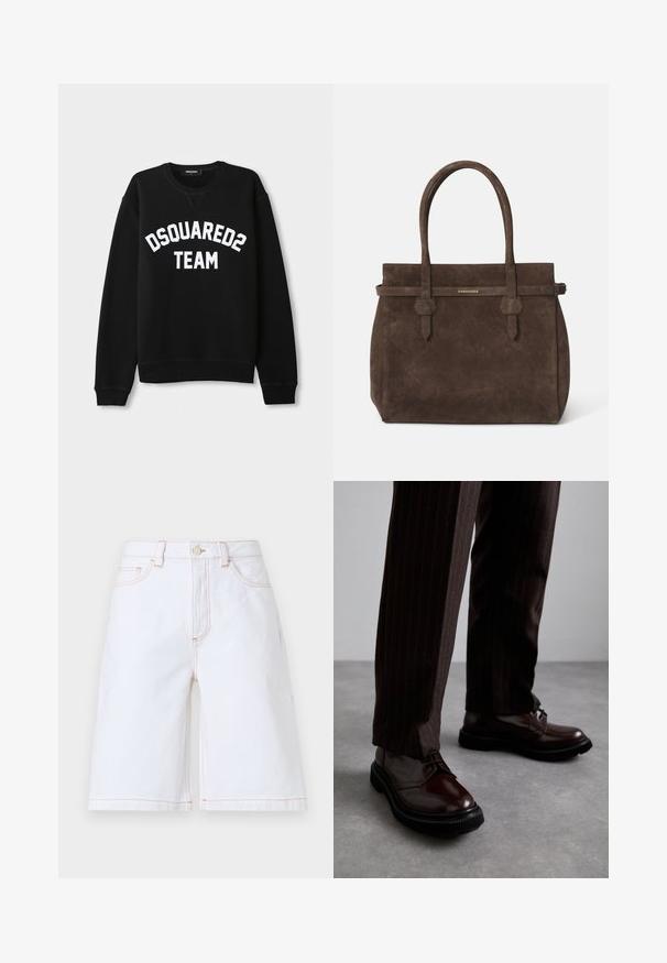 Černá mikina s dlouhými rukávy, kulatým výstřihem a bílým textem "DSQUARED2 TEAM" na hrudi. Měkká tkanina, žebrované manžety a spodní lem.; Bílé bavlněné tílko bez rukávů s kulatým výstřihem, s hladkou texturou a přiléhavým střihem, navržené pro volnočasové nošení.; Bílé džíny šortky s rovný střih, pěti kapsami a kontrastním béžovým prošíváním. Obsahují přední zapínání na knoflík a zip.; Hnědé kožené šněrovací boty s lesklým povrchem, černou gumovou podrážkou a jemným štepováním. Nosené s hnědými pruhovanými kalhotami.; Tmavě hnědá semišová taška s dvojitými uchy a horizontálním popruhem se štítkem s malým zlatým logem DSQUARED2.