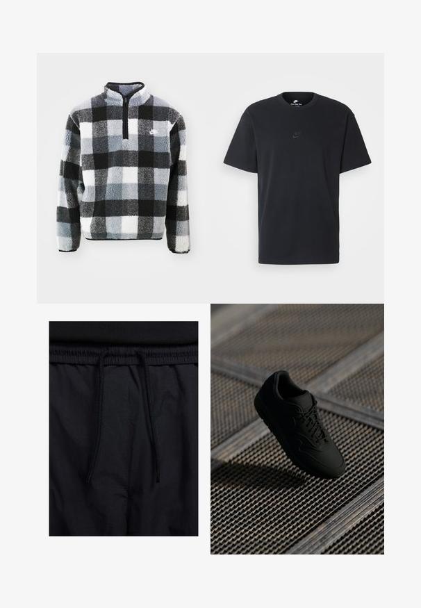 Pulôver de fleece com meio zíper, apresentando um padrão xadrez preto, branco e cinza, superfície texturizada e um pequeno logotipo no peito.; T-shirt de algodão preto da Nike com um clássico decote redondo, mangas curtas e um logótipo em relevo discreto no peito. Textura suave.; Calções pretos com um cós elástico ajustável, fabricados em tecido leve com uma textura suave e um design simples, sem logótipos ou padrões visíveis.; Sneaker preto com uma textura suave, biqueira redonda, atacadores à frente e uma marcação sutil. Exibido contra um fundo industrial texturizado.