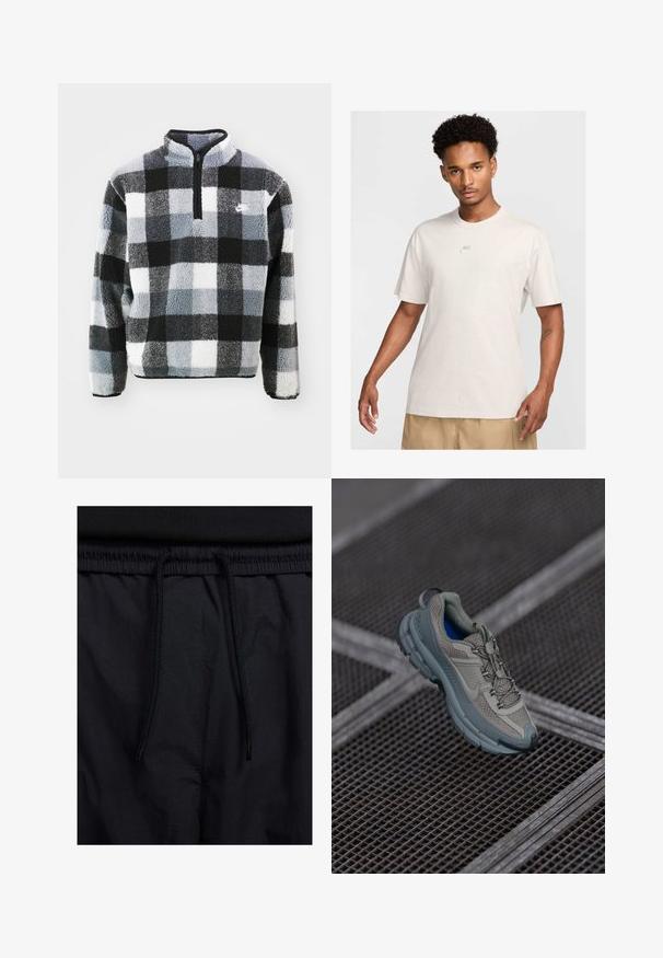 Fleeceová mikina s půlzipem, která má vzor v černé, bílé a šedé kostce, texturovaný povrch a malé logo na hrudi.; Muž s krátkými kudrnatými vlasy má na sobě béžové tričko Nike a khaki šortky, stojí čelem proti jednobarevnému světlému pozadí.; Černé šortky s páskem na šňůrku, lehký materiál s hladkou texturou a jednoduchý design bez viditelných log nebo vzorů.; Béžová a šedá sportovní bota s texturovaným síťovinovým svrškem, zaoblenou špičkou a gumovou podrážkou, vybavená tkaničkami a polstrovaným límcem.
