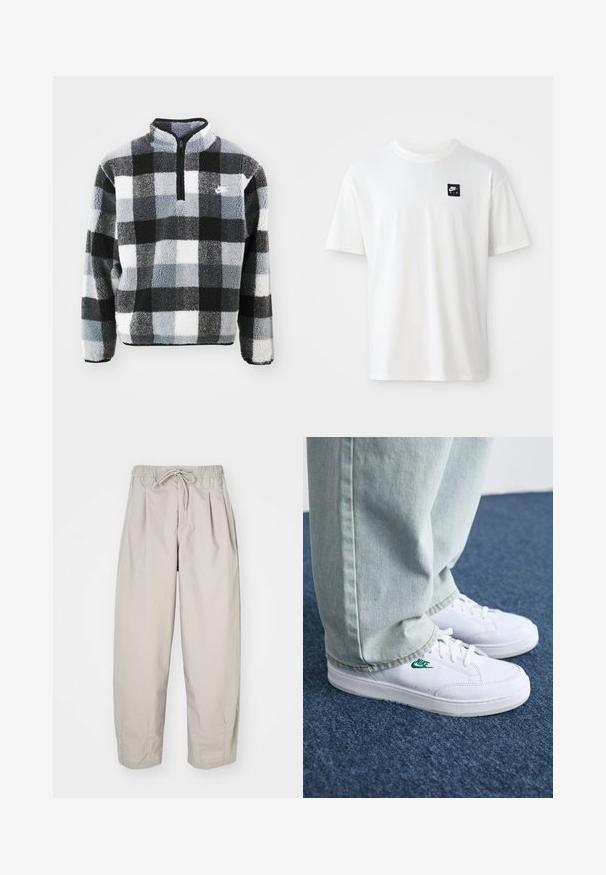 Flišo puloveris su pusiau užtrauktuku, juodos, baltos ir pilkos spalvų langelių raštu, tekstūruota paviršiumi ir mažu logotipu ant krūtinės.; Balta medvilnės marškinėliai su trumpomis rankovėmis ir apvalia iškirpte; ant kairiojo krūtinės puikuojasi mažas juodas stačiakampis "Nike Air" logotipas.; Šviesiai rudi, lengvi kelnių su elastine juosta ir raišteliu. Turintys klostes ir laisvą siluetą, pagaminti iš minkštos, glotnios medžiagos.; Balti odiniai sportbačiai su žaliu Nike logotipu, apvalia nosimi, plokščiu padu, derinami su šviesiai mėlynomis džinsinėmis kelnėmis, rodomi ant mėlynos kiliminės dangos.