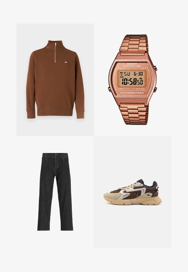 Brown pullover sweater with high collar and half zip. Made of soft fabric, featuring ribbed cuffs and a small logo on the chest.; Black denim jeans with a straight leg design, featuring a zip fly, belt loops, and six pockets, made from a sturdy cotton blend fabric.; Beige and brown sneaker with textured mesh panels, suede accents, and a rubber sole. Features lace-up design and branded detailing.; Digital Casio watch with a rose gold metal band, rectangular case, illuminated display, and water resistance, showing time and date.