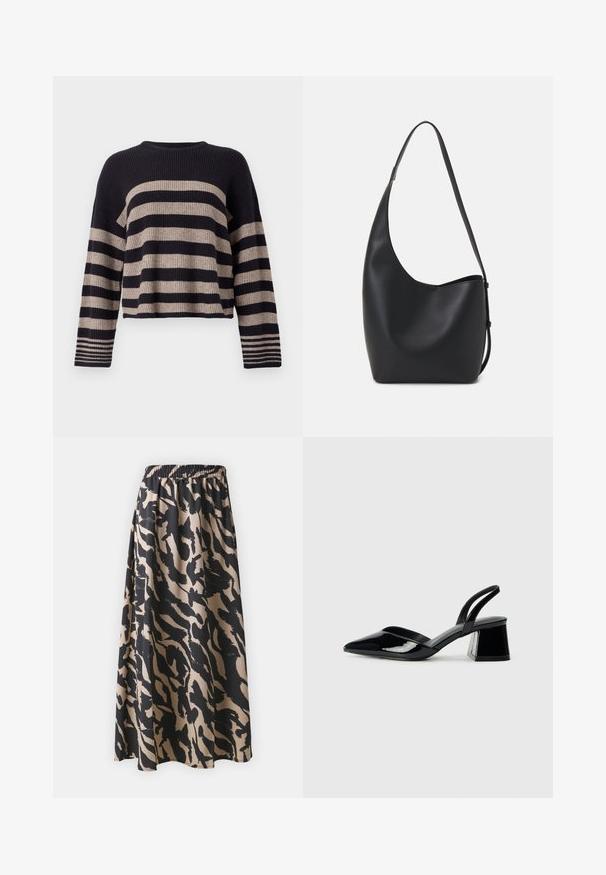 Strikkegenser med horisontale marineblå og beige striper, ribbet tekstur, rund hals, og lange ermer med stripete detaljer ved mansjettene.; Svart og beige lang skjørt med elastisk midjebånd, med et abstrakt dyremønster og en flytende silhuett.; Svarte patentlær slingback hæler med spiss tå og geometrisk blokk hæl. Har et stilrent, minimalistisk design og jevn tekstur.; Svart lær hobo-veske med glatt tekstur, buet form og enkelt justerbart stropp; har en bred åpning på toppen.