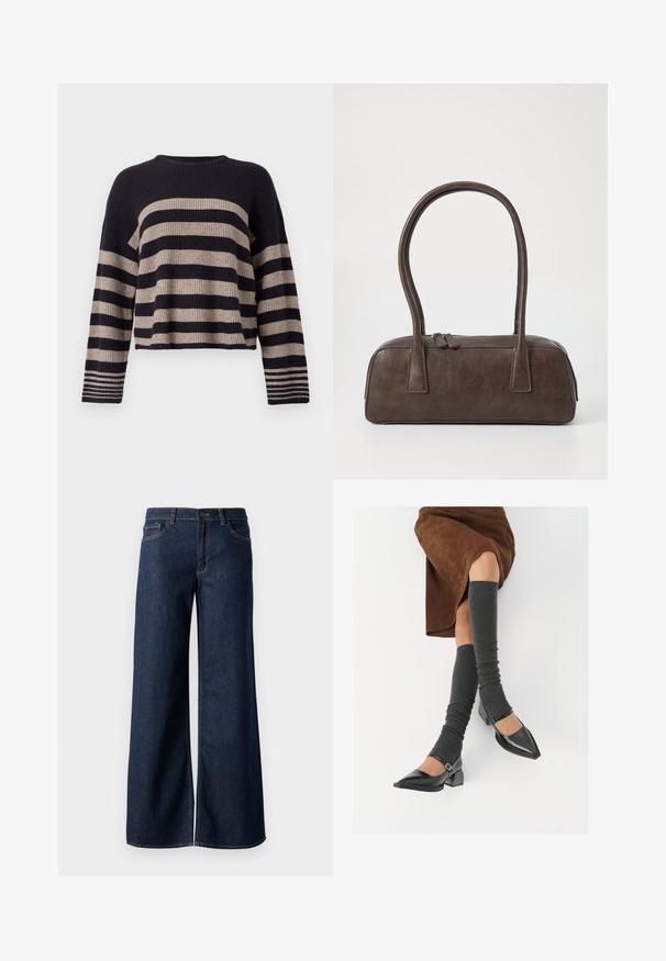 Strikkegenser med horisontale marineblå og beige striper, ribbet tekstur, rund hals, og lange ermer med stripete detaljer ved mansjettene.; Vide benbukser i mørkeblå denim. Har kontrastsøm, fem lommer og en knaplukning i taljen. Glat tekstur.; Sorte lakkpumps med spiss tå, blokkhel, og ankelstropp, kombinert med grå ribbestrikkede beinvarmere og et brunt semsket skinn skjørt.; Brun lærveske med to robuste håndtak, rektangulær form, jevn tekstur og glidelås. Minimalistisk design uten synlige mønstre.