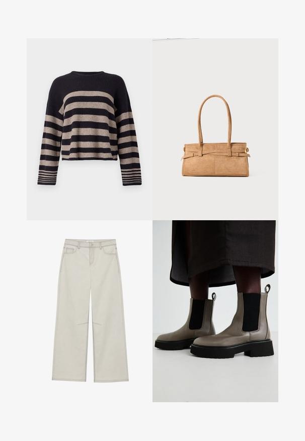 Adīta džemperis ar horizontālām tumši zila un bēša svītrām, ribota tekstūra, apaļa kakla izgriezums un garas piedurknes ar svītrām pie aprocēm.; Gaiši pelēkas platās bikses ar piecām kabatām, priekšējo pogu aizdari un kontrastējošiem šuvju ieliktņiem. Audums izskatās mīksts un izturīgs.; Pelēki potītes zābaki, kas izgatavoti no teksturētas ādas, ar elastīgām sānu paneļām un masīvu melnu zoli. Ar vilkšanas cilpām vieglai uzvilkšanai.; Salds zamšs rokassomu ar divām garām rokturiem, taisnstūra formā un dekoratīvām šuvēm. Iespējo sānu siksniņu un smalkus zelta aksesuārus.