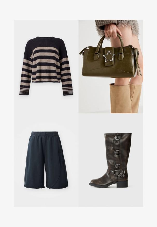 Knit sweater with horizontal navy and beige stripes, ribbed texture, round neckline, and long sleeves with striped accents at cuffs.; Black athletic shorts made of soft fabric, featuring an elastic waistband and a logo patch on the side. Smooth texture with a relaxed fit.; Brown leather knee-high boots with multiple buckles, a round toe, and a low chunky heel. Features a textured finish and adjustable straps.; Olive green faux leather handbag with silver star accent, dual handles, and a zip closure. Textured surface and structured shape.