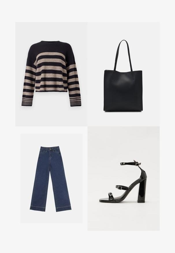 Megztinis su horizontaliais mėlynais ir smėliniais dryžiais, su krašto tekstūra, apvaliu kaklu ir ilgomis rankovėmis su dryžuotais akcentais prie riešo.; Plati džinsai tamsiai mėlynos denimo. Yra penki kišenės, diržo kilpos ir apatinė briauna su matomais siuvimo detalėmis.; Juodos patentuotos aukštakulnės basutės su dviem sagtelėmis, kvadratine nosimi ir stambiu blokiniu kulnu, pasižyminčios lygiu, blizgiu paviršiumi.; Juodas odinis tote krepšys su lygia tekstūra, stačiakampio formos ir dviem ilgais rankenomis. Matomų metalinių detalių ar puošybos nėra.