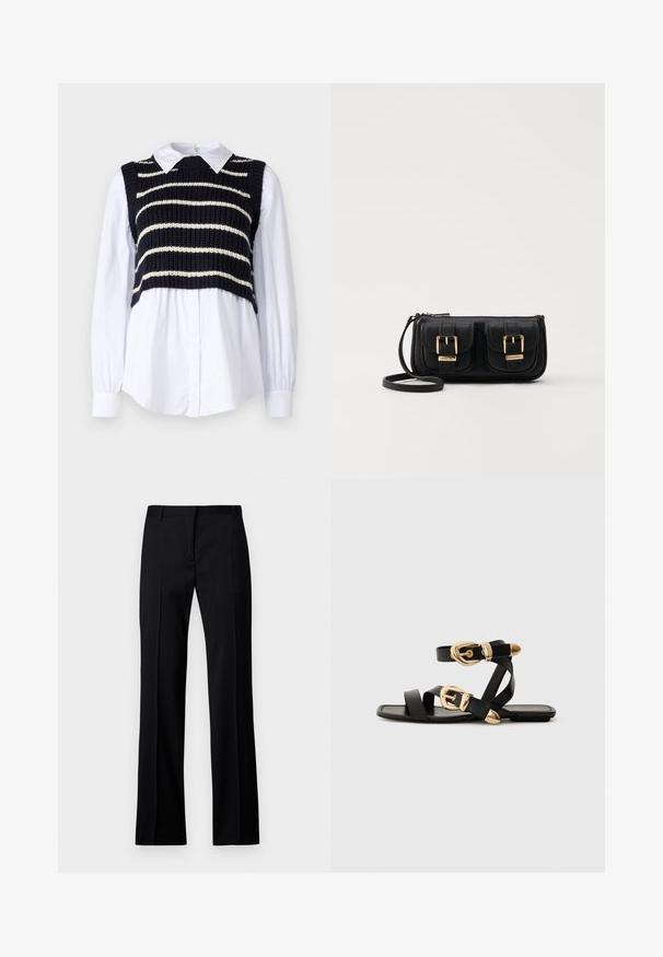 Stickad marinblå väst med vita ränder över en vit krag- och knapp-up skjorta. Vesten har en kortad design och texturerad tyg.; Svarta raka byxor i slätt tyg, med platt front, bälteshällor och utan synliga fickor eller dekorationer.; Svarta lädersandaler med guldspännen, med flera remmar och platt såldesign för öppna tår.; Svart läderaxelväska med två framfickor, guldspännen, dragkedjestängning och en smal rem. Texturerad yta och kompakt rektangulär form.