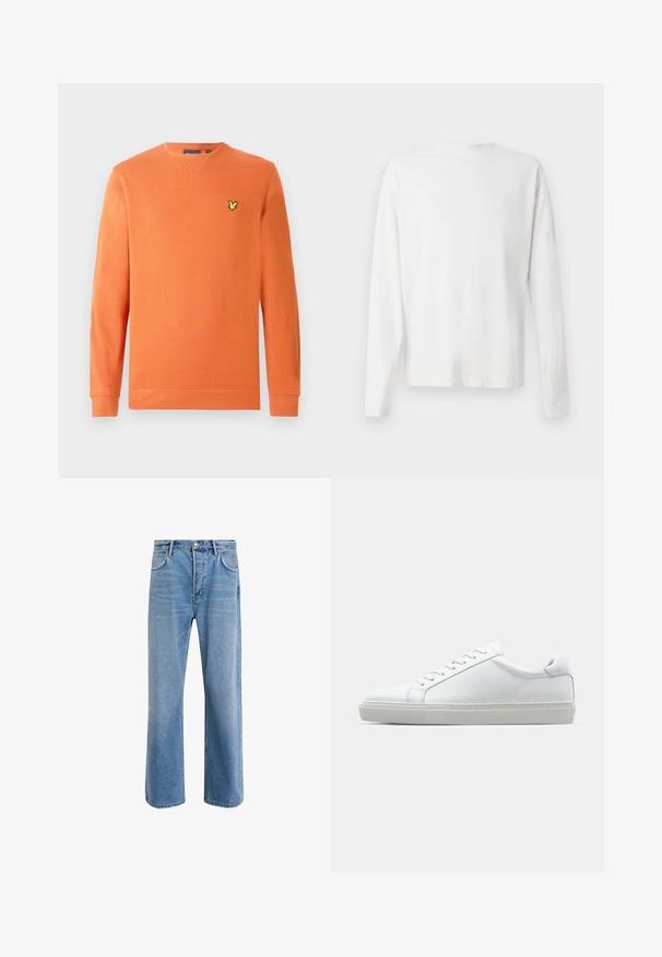 Orange sweatshirt with long sleeves and ribbed cuffs, featuring a small yellow logo on the chest. Made of soft, textured fabric.; Long-sleeved white cotton shirt with a round neckline, side slits at the bottom, and a smooth texture, displayed from the back.; Light blue denim jeans with a straight-leg design, five pockets, button closure, minimal fading, and contrasting stitching details.; White sneaker with a smooth leather upper and a low profile. Features a rounded toe, six eyelets, and a textured rubber sole.