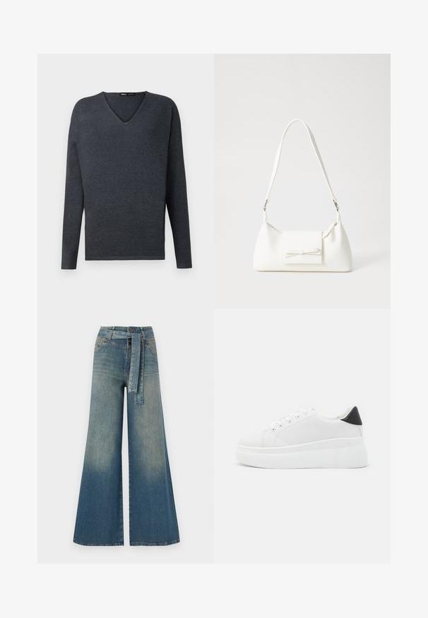 Mørkegrå langermet V-hals genser laget av et glatt strikket stoff. Har en avslappet passform og minimale sømdetaljer.; Bredde ben jeans med en lyseblå til mørkeblå gradient, høyt liv, beltehemper og et matchende belte i samme stoff. Teksturert denimoverflate.; Hvite plattform sneakers laget av glatt syntetisk materiale, med rund tå, snøring og en strukturert gummisåle. Svart hæl akcent.; Hvit syntetisk håndveske med trekantet form, flat klaff foran og sløyfe detaljer, justerbar stropp, glatt tekstur og minimalistisk design.