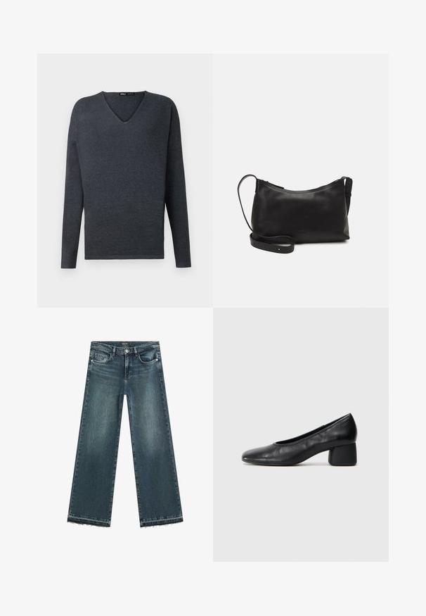 Dunkelgrauer, langärmeliger V-Ausschnitt-Pullover aus einem glatten Strickmaterial. Mit einem lässigen Schnitt und minimalen Nähten.; Weite Denim-Jeans in Dunkelblau mit einem verblassten Finish. Verfügt über einen ausgefransten Saum und ein klassisches fünf Taschen-Design mit metallischen Beschlägen.; Schwarze Lederpumps mit runder Zehenpartie und mittelhohem Blockabsatz. Glatte Textur mit minimalen Details, ausgestattet mit einem dezenten elastischen Einstieg.; Schwarze Ledertasche für die Schulter mit glatter Textur, geschwungener Form, verstellbarem Tragegurt und Reißverschluss. Minimalistisches Design ohne Verzierungen.