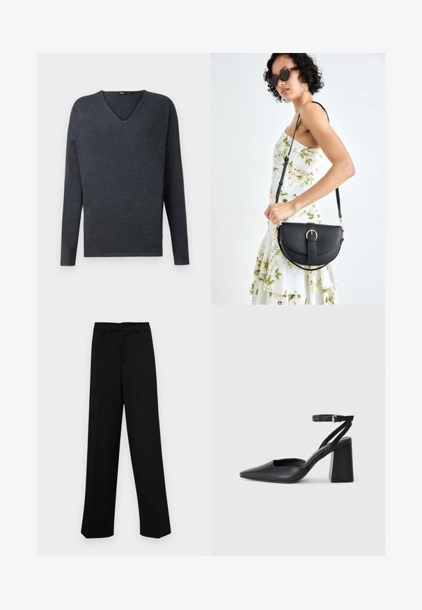 Tumedast hall pikkade varrukatega V-kaelusega sviiter, mis on valmistatud siledast kudumaterjalist. Omab lõdva lõikega vormi ja minimaalset õmblusdetailide kasutust.; Musta laiad püksid siledast kangast, millel on klassikaline vöökoht, nööbiga sulgemine ja ees voldid.; Mustmustest must-käigukingad, millel on konksuga nöör ja paks konts. Ühtlane tekstuur, stiilne disain ja minimalistlik esteetika.; Mustmust mustraha kõverate joontega, eemaldatava rihmaga ja kuldsete detailidega. Kotil on klapp, millel on pandladetail.