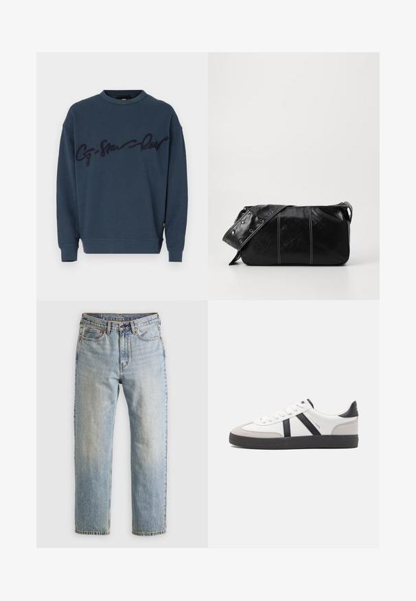 Mørkeblå genser med rund hals og ribbede mansjetter, med en opphøyet mørkeblå skriftlogo over brystet. Myk tekstur.; Lys blå denim jeans med høy midje, frontknapp, glidelås og fem-lommers design, lagt flatt på en nøytral bakgrunn.; Hvite sneakers med svarte og grå detaljer, med en teksturert grå tåhette, svart gummisåle, og flate hvite lisser. Rent design, minimalistisk stil.; Svart lær skulderveske med glidelås, med teksturert overflate, hvite sømmer og en stropp med sølvringer.