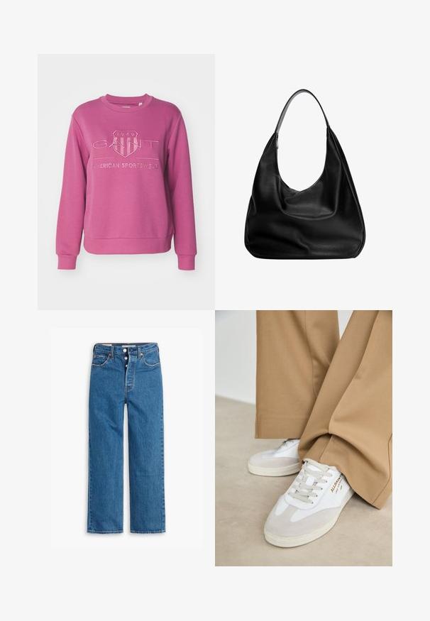 GANT TONAL SHIELD C NECK - Melegítőfelső - dark lavender; Kék farmer egyenes szárú nadrág, magas derékkal, öt zsebes kialakítással és gombos résszel. Figyelemfelkeltő varrás és rézszínű szegecsek jellemzik.; Fehér sportcipők velúr részletekkel, texturált fűzővel és gumitalppal. Laza barackszínű nadrággal párosítva. A logó az oldalon látható.; Fekete bőr hobo táska laza fazonban, széles vállpánttal és sima felülettel. Oldalán egy zipzáras záródással rendelkezik.