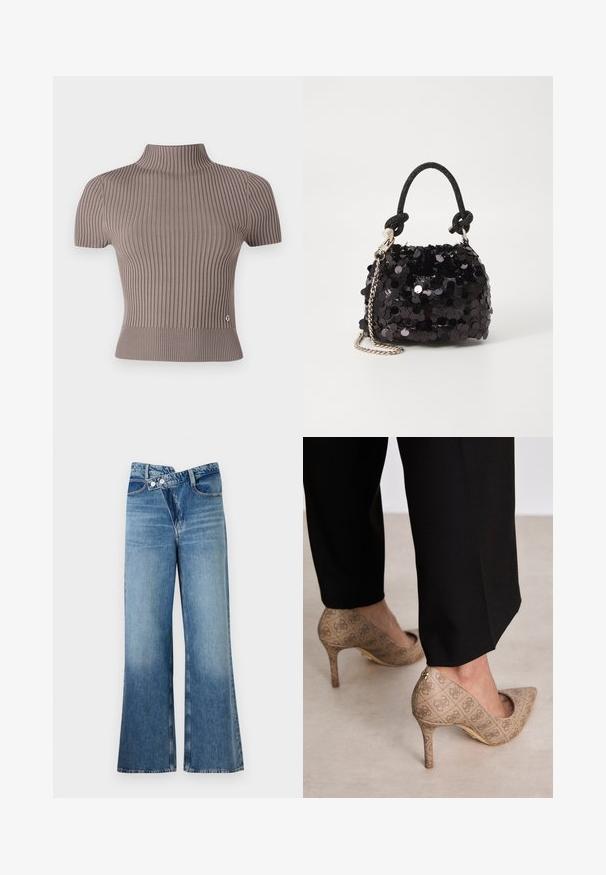 Grijze geribde top met korte mouwen en een hoge hals. Heeft een getailleerde pasvorm en een klein logo-accent nabij de zoom. Soepele textuur.; Lichtblauwe flared jeans met een hoge taille, voorzien van twee knopen en voorzakken. De stof heeft een vervaagde textuur met subtiele variaties.; Beige hoge hakken met een gestructureerde stof met een herhalend patroon. Puntige neusontwerp met een achteraccent en gouden hakdetail.; Zwarte pailletten mini handtas met een geknoopte textuurriem en zilveren ketting. Rondvormig met een geplooide bovenkant en reflecterende details.