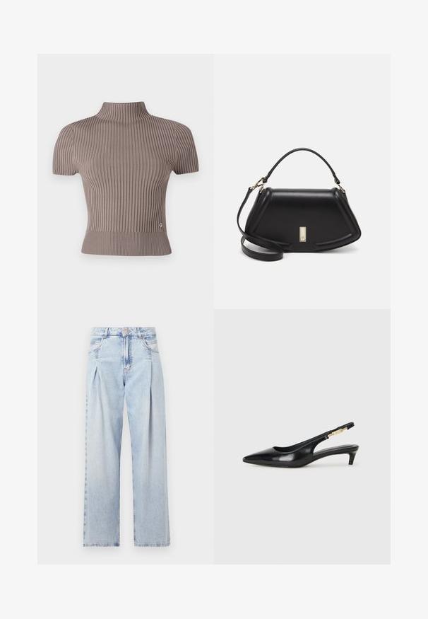 Top corto a maniche corte grigio a coste con collo alto. Presenta una forma aderente e un piccolo logo vicino all'orlo. Texture liscia.; Jeans in denim azzurro chiaro con vita alta, taglio a gamba larga, due tasche laterali e design plissettato. Texture morbida con una finitura sbiadita.; Tacchi slingback in pelle nera con punta affusolata, caratterizzati da un tacco alto e un accento dorato sulla cinghia regolabile. Texture liscia.; Borsa a mano in pelle nera con un design strutturato, caratterizzata da una forma corta, manico superiore e accessori in metallo dorato. Inclusa tracolla regolabile.