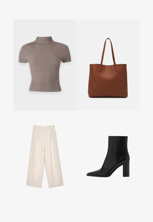 Grijze geribde top met korte mouwen en een hoge hals. Heeft een getailleerde pasvorm en een klein logo-accent nabij de zoom. Soepele textuur.; Beige wijde pantalon met plooien, met een gladde textuur en riemlussen. Tailored pasvorm, biedt een losse fit rond de benen.; Zwarte leren enkellaars met een spitse neus, vierkante hak, een gladde textuur en stikdetails langs de naden. De hakken zijn ongeveer 8,9 cm hoog.; Bruine leren tote bag met een gladde textuur, een ontwerp met een open bovenkant en twee schouderbanden. Kenmerkt zich door minimale stiksels en geen zichtbare hardware.