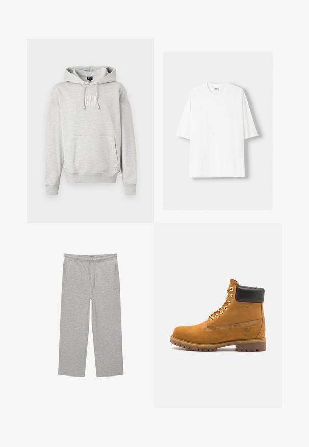 Sweatshirt à capuche gris avec une poche avant et le logo 'GAP' en blanc. Tissu doux avec des poignets et un ourlet côtelés. Design décontracté avec cordons.; T-shirt blanc à manches courtes en coton, avec un col rond et une coupe décontractée. Texture lisse, sans motifs ni accents visibles.; Pantalons de lounge en coton gris avec une taille élastique, un cordon de serrage et deux poches latérales ; design à jambe droite, texture douce, sans motifs.; Bottine en daim beige avec un col rembourré noir, œillets en métal doré, détails de surpiqûres blanches et semelle en caoutchouc robuste avec des crampons prononcés.