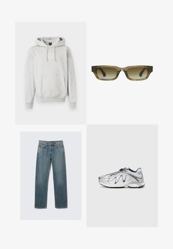Sweatshirt gri cu glugă, având un buzunar frontal și logo-ul 'GAP' în alb. Material moale, cu manșete și tiv cu nervuri. Design casual cu șnururi.; Jeans din denim drept, de culoare albastră, cu buzunare frontale și pentru monede, curea, și închidere cu buton metalic, pe un fundal simplu.; Pantofi sport albi cu suprafață din plasă, accente negre, talpă din cauciuc texturat și sistem de șireturi elastice. Ușori, cu un design modern.; Ochelari de soare cu un gradient maroniu, cu o formă rectangulară, rame groase și robuste, și tâmple negre. Materialul transparent de culoare marron adaugă profunzime.
