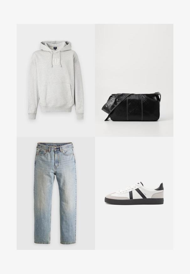 Szara bluza z kapturem z przednią kieszenią i białym logo 'GAP'. Miękka tkanina z prążkowanymi mankietami i dołem. Luźny krój z troczkami.; Jasnoniebieskie dżinsy z wysokim stanem, z guzikiem z przodu, zamkiem błyskawicznym i pięcioma kieszeniami, ułożone na płasko na neutralnym tle.; Białe sneakersy z czarnymi i szarymi akcentami, z teksturowanym szarym czubkiem, czarną gumową podeszwą i płaskimi białymi sznurowadłami. Czysty design, minimalistyczny styl.; Czarna skórzana torba na ramię z zamkiem błyskawicznym, charakteryzująca się teksturowanym korpusem, białymi przeszyciami oraz paskiem z srebrnymi osłonkami.