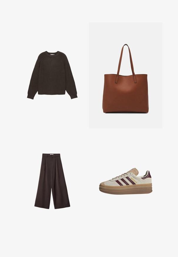 Maglione lavorato a maglia marrone scuro con texture a coste, scollo rotondo e maniche lunghe a raglan. L'orlo e i polsini sono anch'essi a coste.; Pantaloni neri a gamba larga con vita alta, caratterizzati da pieghe frontali e chiusura con bottone in vita, realizzati in tessuto liscio.; Sneakers in suede beige con strisce bordeaux, dettagli bianchi, una suola traslucida spessa e un logo in rilievo sul lato. Design con lacci.; Borsa tote in pelle marrone con texture liscia, design con apertura superiore e due spallacci. Presenta cuciture minime e nessun hardware visibile.