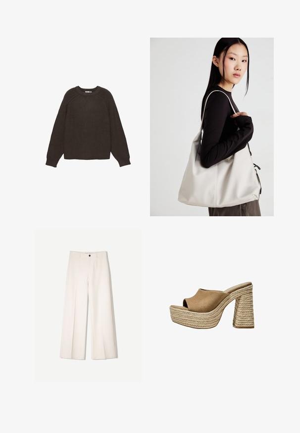 Dunkelbrauner Strickpullover mit gerippter Textur, rundem Halsausschnitt und langen Raglanärmeln. Der Saum und die Bündchen sind ebenfalls gerippt.; Cremfarbene weitem Hosen mit maßgeschneidertem Design, ausgestattet mit zwei vorderen Taschen und einem vorderen Knopfverschluss, aus glattem Stoff gefertigt.; Braune Wildleder-Plateau-Sandalen mit offenem Zeh, ausgestattet mit einem chunky geflochtenen Jute-Absatz und einem glatten, abgerundeten Oberdesign.; Beige Handtasche aus weichem Material, mit einem lässigen Design, gesteppten Details und zwei Schulterriemen. Geeignet für den täglichen Gebrauch.