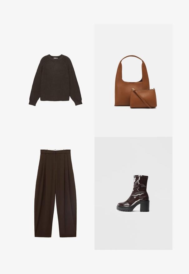Temno rjav pleten sveter z rebrastim vzorcem, okroglim izrezom in dolgimi raglan rokavi. Robovi in manšete so prav tako rebrasti.; Rjave hlače visoke pasu s pregibi, narejene iz gladkega materiala. Ohlapen kroj, ravne nogavice, z zankami za pas in zadrgo.; Sijajan škrlatank z bleščečim videzom, z masivnim črnim peto, ki se ponaša z gladko teksturo in preprostim dizajnom. Brez vidnih zapenjal ali vzorcev.; Rjava sintetična torbica z ukrivljenim ročajem in gladko teksturo. Vključuje ujemajočo se majhno torbico z zadrgo. Minimalističen dizajn.