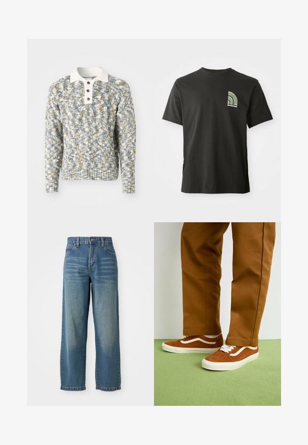 Pleteni pulover s pikančno zasnovo v sivi, beli in zlatih odtenkih. Ima bel ovratnik, tri rjave gumbe ter rebraste manšete in rob.; Črna kratka majica s kratkimi rokavi in krožnim izrezom, z majhnim zelenim in belim četrt krožnim logotipom ter napisom "The North Face" na levem prsnem delu.; Svijetloplavi traper široke hlače visokog struka, s pet džepova i blago izblijedjelim završetkom. Sadrži kopčanje na dugme i zatvarač.; Rjave suede športne copate z belimi vezalkami in stransko črto, kombinirane s svetlo rjavimi hlačami na zeleni tla.